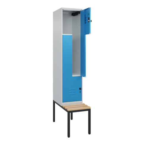 C+P Z-Spind Classic PLUS, Bank, 2 Fächer, 2120x400x815mm, 7035/5012 Verschluss Sicherheits-Drehriegel Sitzbanktyp untergebaut Material Sitzfläche Buche-Hartholz