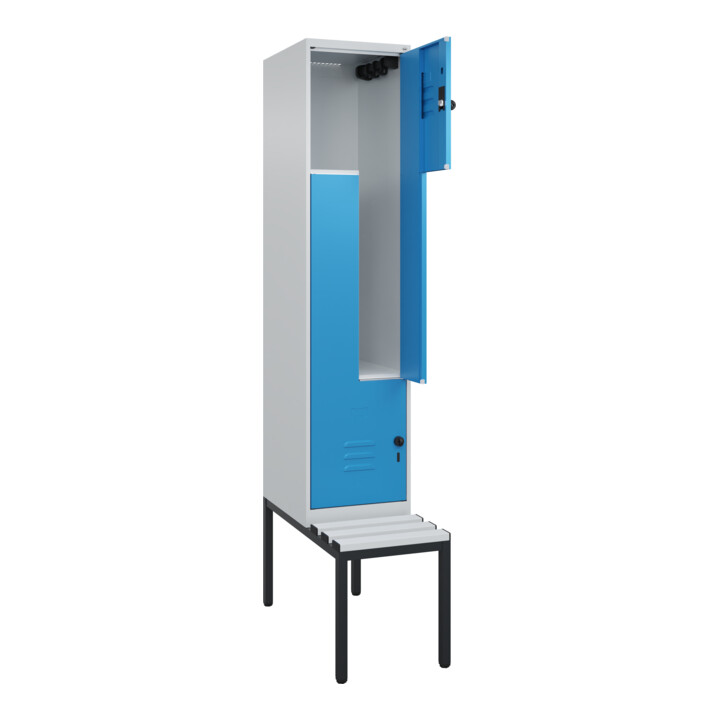 C+P Z-Spind Classic PLUS, Bank, 2 Fächer, 2120x400x815mm, 7035/5012 Verschluss Sicherheits-Drehriegel Sitzbanktyp untergebaut Material Sitzfläche Kunststoff