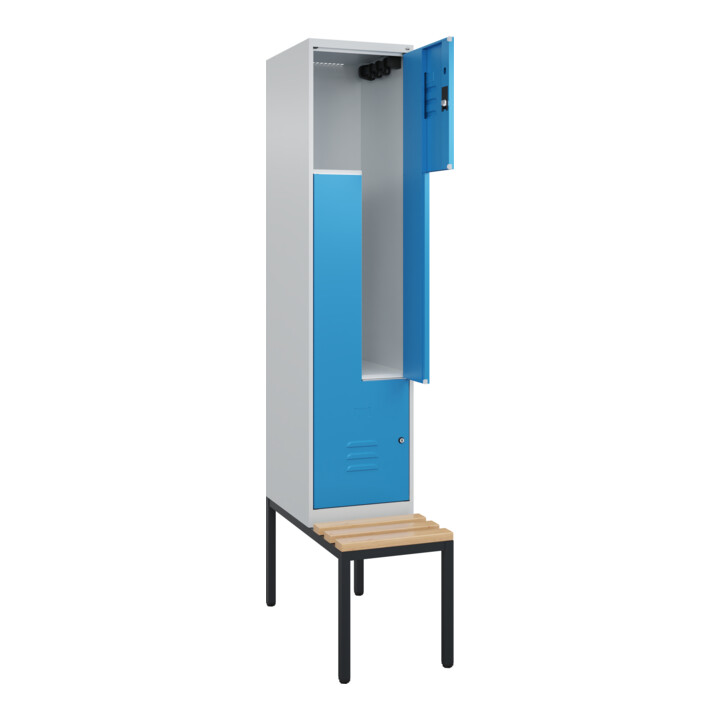 C+P Z-Spind Classic PLUS, Bank, 2 Fächer, 2120x400x815mm, 7035/5012 Verschluss Zylinderschloss Sitzbanktyp untergebaut Material Sitzfläche Buche-Hartholz