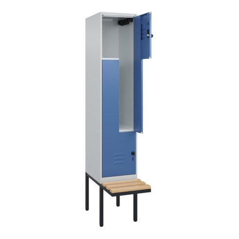 C+P Z-Spind Classic PLUS, Bank, 2 Fächer, 2120x400x815mm, 7035/5023 Verschluss Sicherheits-Drehriegel Sitzbanktyp auskragend Material Sitzfläche Buche-Hartholz