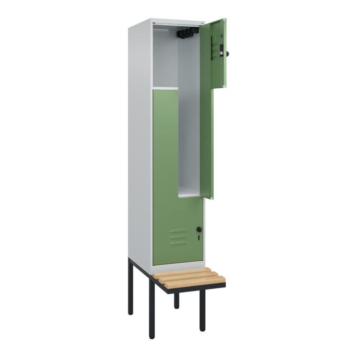C+P Z-Spind Classic PLUS, Bank, 2 Fächer, 2120x400x815mm, 7035/6011 Verschluss Sicherheits-Drehriegel Sitzbanktyp auskragend Material Sitzfläche Buche-Hartholz