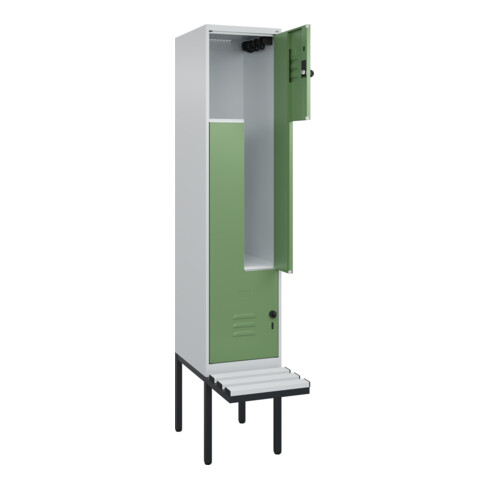 C+P Z-Spind Classic PLUS, Bank, 2 Fächer, 2120x400x815mm, 7035/6011 Verschluss Sicherheits-Drehriegel Sitzbanktyp auskragend Material Sitzfläche Kunststoff