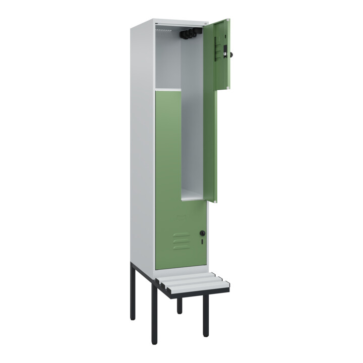 C+P Z-Spind Classic PLUS, Bank, 2 Fächer, 2120x400x815mm, 7035/6011 Verschluss Sicherheits-Drehriegel Sitzbanktyp auskragend Material Sitzfläche Kunststoff