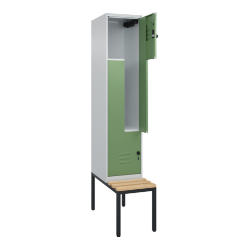 C+P Z-Spind Classic PLUS, Bank, 2 Fächer, 2120x400x815mm, 7035/6011 Verschluss Sicherheits-Drehriegel Sitzbanktyp untergebaut Material Sitzfläche Buche-Hartholz