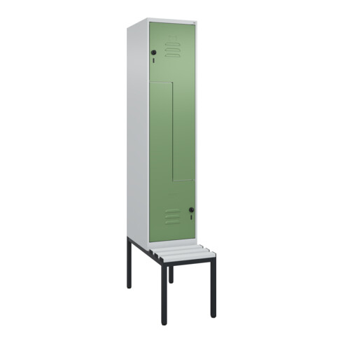C+P Z-Spind Classic PLUS, Bank, 2 Fächer, 2120x400x815mm, 7035/6011 Verschluss Sicherheits-Drehriegel Sitzbanktyp untergebaut Material Sitzfläche Kunststoff