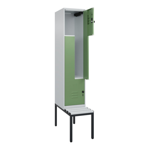 C+P Z-Spind Classic PLUS, Bank, 2 Fächer, 2120x400x815mm, 7035/6011 Verschluss Sicherheits-Drehriegel Sitzbanktyp untergebaut Material Sitzfläche Kunststoff