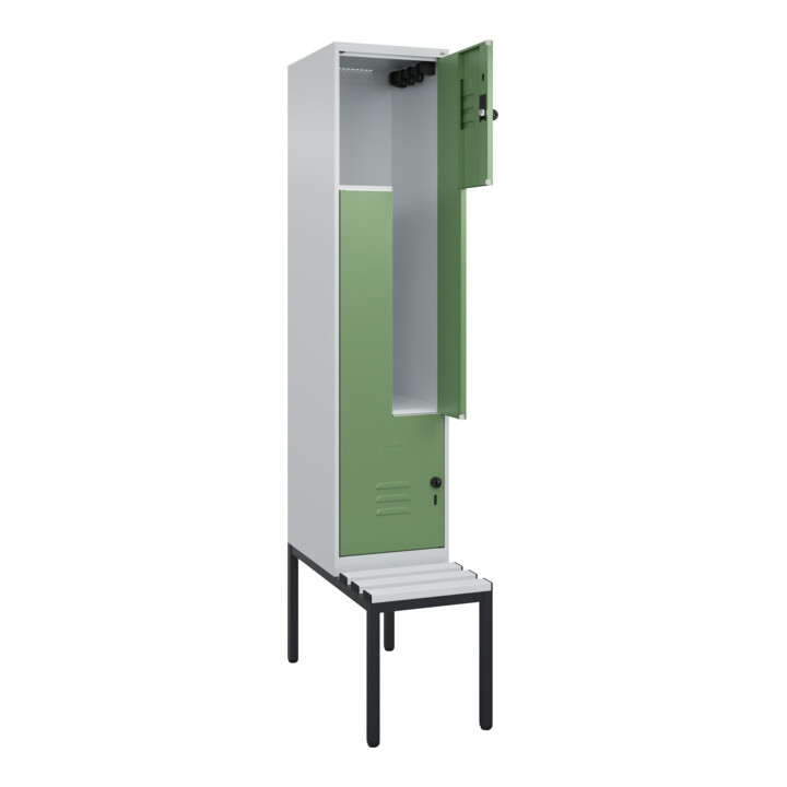 C+P Z-Spind Classic PLUS, Bank, 2 Fächer, 2120x400x815mm, 7035/6011 Verschluss Sicherheits-Drehriegel Sitzbanktyp untergebaut Material Sitzfläche Kunststoff