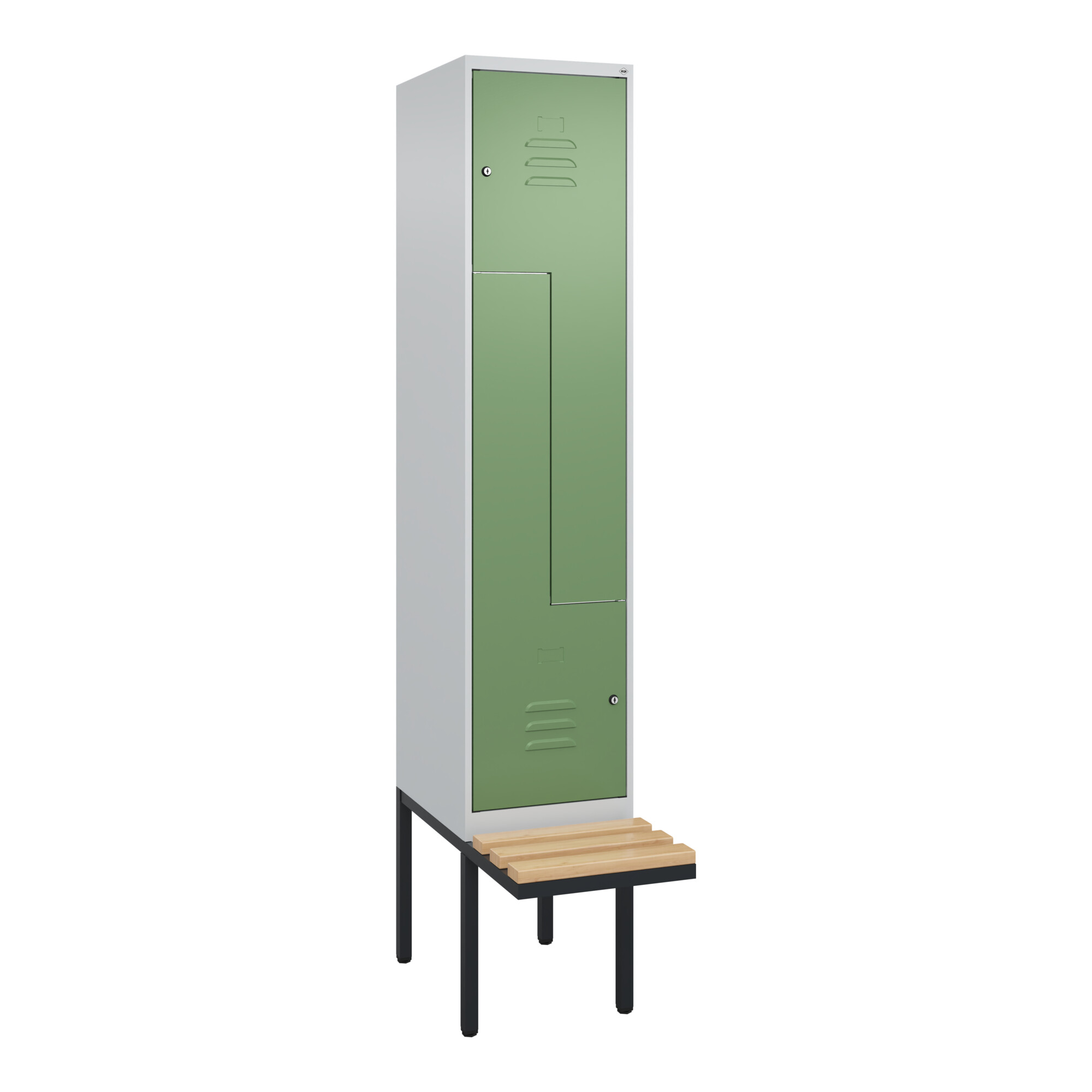 C+P Z-Spind Classic PLUS, Bank, 2 Fächer, 2120x400x815mm, 7035/6011 Verschluss Zylinderschloss Sitzbanktyp auskragend Material Sitzfläche Buche-Hartho