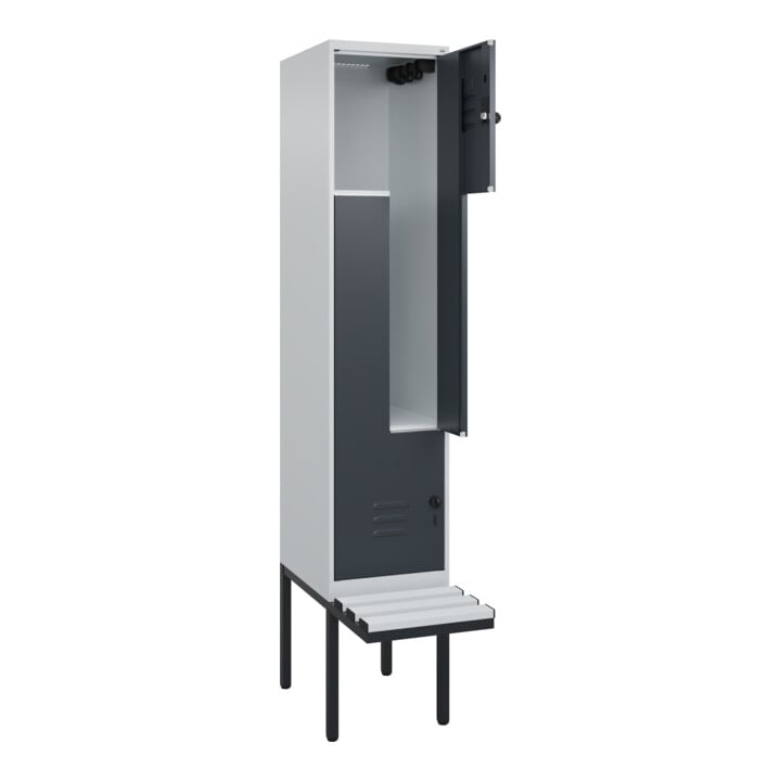 C+P Z-Spind Classic PLUS, Bank, 2 Fächer, 2120x400x815mm, 7035/7016 Verschluss Sicherheits-Drehriegel Sitzbanktyp auskragend Material Sitzfläche Kunststoff