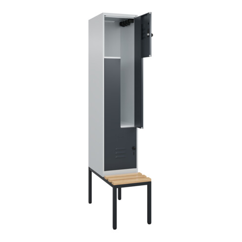 C+P Z-Spind Classic PLUS, Bank, 2 Fächer, 2120x400x815mm, 7035/7016 Verschluss Sicherheits-Drehriegel Sitzbanktyp untergebaut Material Sitzfläche Buche-Hartholz