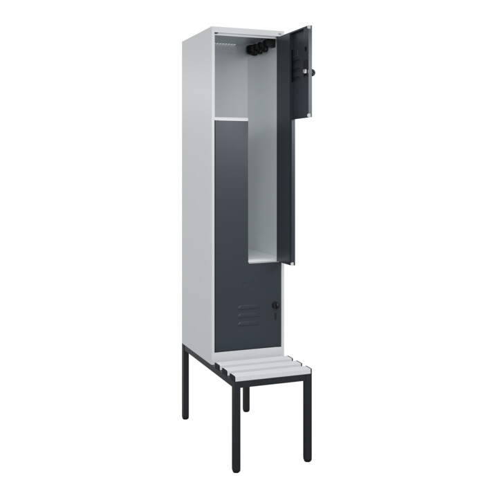 C+P Z-Spind Classic PLUS, Bank, 2 Fächer, 2120x400x815mm, 7035/7016 Verschluss Sicherheits-Drehriegel Sitzbanktyp untergebaut Material Sitzfläche Kunststoff
