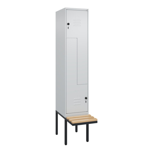 C+P Z-Spind Classic PLUS, Bank, 2 Fächer, 2120x400x815mm, 7035/7035 Verschluss Sicherheits-Drehriegel Sitzbanktyp auskragend Material Sitzfläche Buche-Hartholz