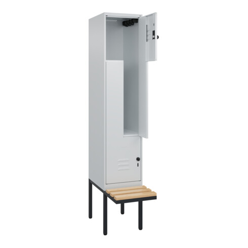 C+P Z-Spind Classic PLUS, Bank, 2 Fächer, 2120x400x815mm, 7035/7035 Verschluss Sicherheits-Drehriegel Sitzbanktyp auskragend Material Sitzfläche Buche-Hartholz