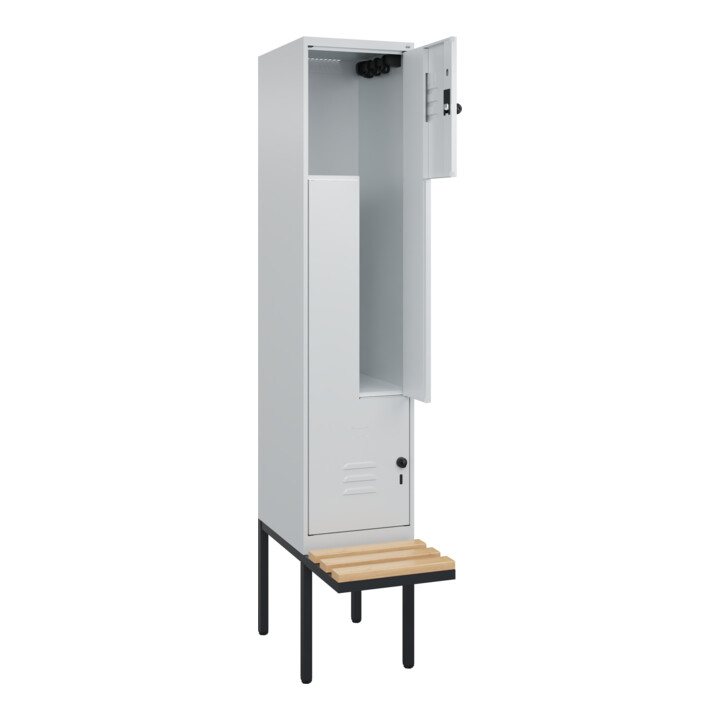 C+P Z-Spind Classic PLUS, Bank, 2 Fächer, 2120x400x815mm, 7035/7035 Verschluss Sicherheits-Drehriegel Sitzbanktyp auskragend Material Sitzfläche Buche-Hartholz