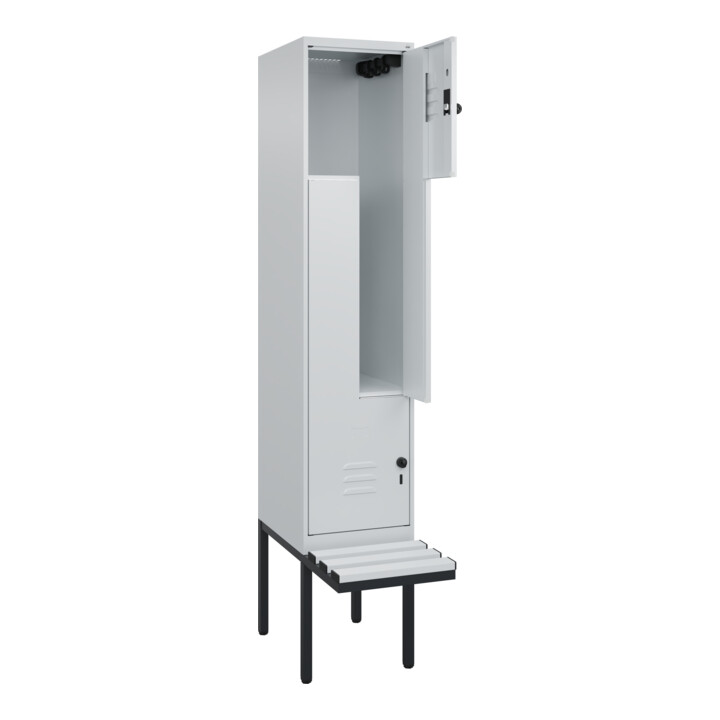 C+P Z-Spind Classic PLUS, Bank, 2 Fächer, 2120x400x815mm, 7035/7035 Verschluss Sicherheits-Drehriegel Sitzbanktyp auskragend Material Sitzfläche Kunststoff