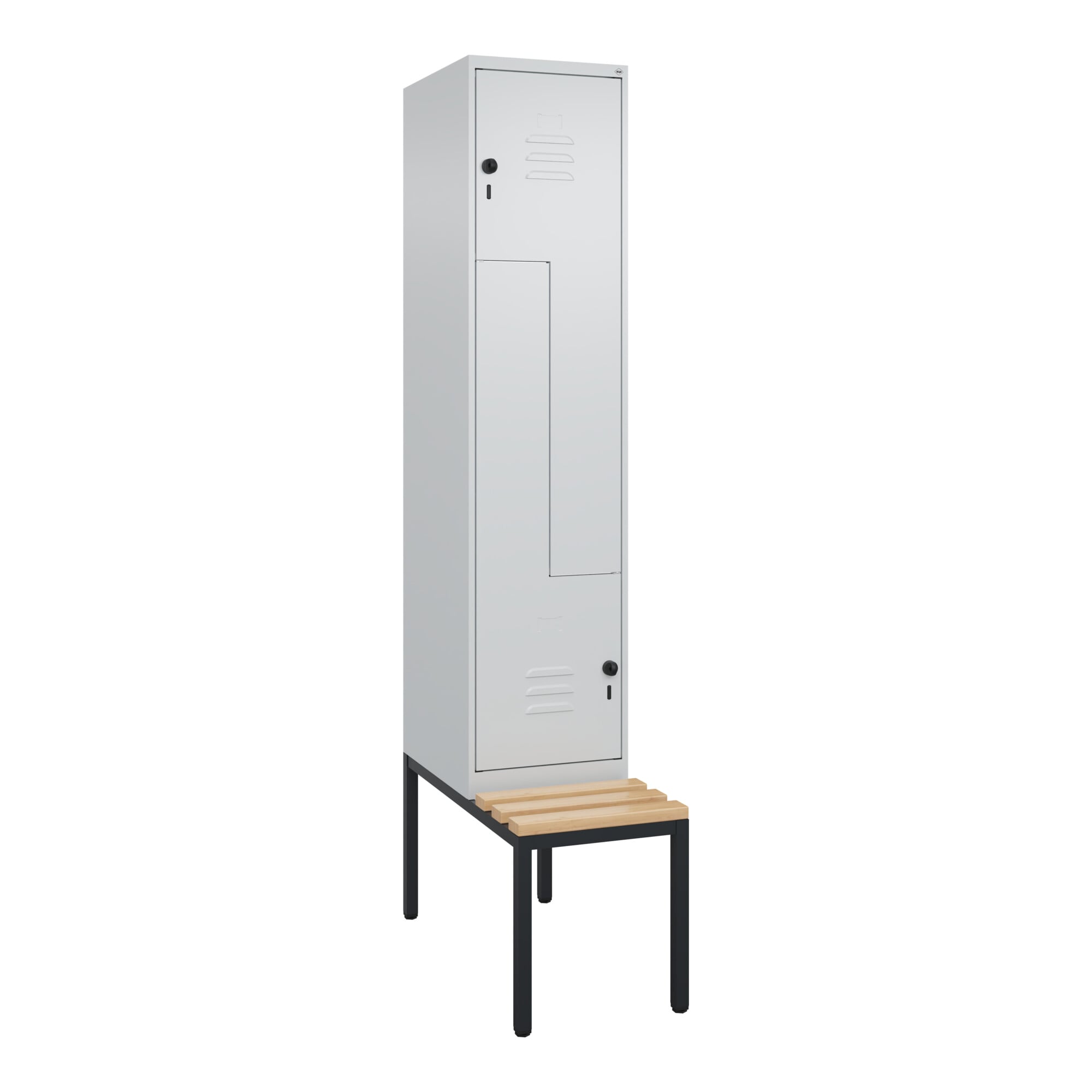 C+P Z-Spind Classic PLUS, Bank, 2 Fächer, 2120x400x815mm, 7035/7035 Verschluss Sicherheits-Drehriegel Sitzbanktyp untergebaut Material Sitzfläche Buch