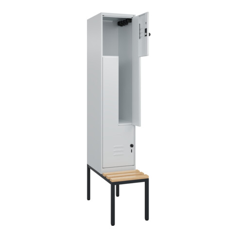 C+P Z-Spind Classic PLUS, Bank, 2 Fächer, 2120x400x815mm, 7035/7035 Verschluss Sicherheits-Drehriegel Sitzbanktyp untergebaut Material Sitzfläche Buche-Hartholz