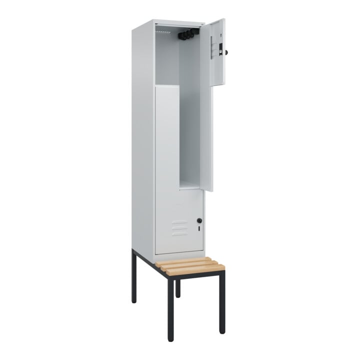 C+P Z-Spind Classic PLUS, Bank, 2 Fächer, 2120x400x815mm, 7035/7035 Verschluss Sicherheits-Drehriegel Sitzbanktyp untergebaut Material Sitzfläche Buche-Hartholz