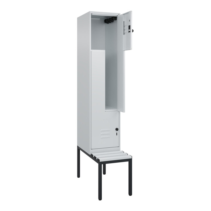C+P Z-Spind Classic PLUS, Bank, 2 Fächer, 2120x400x815mm, 7035/7035 Verschluss Sicherheits-Drehriegel Sitzbanktyp untergebaut Material Sitzfläche Kunststoff