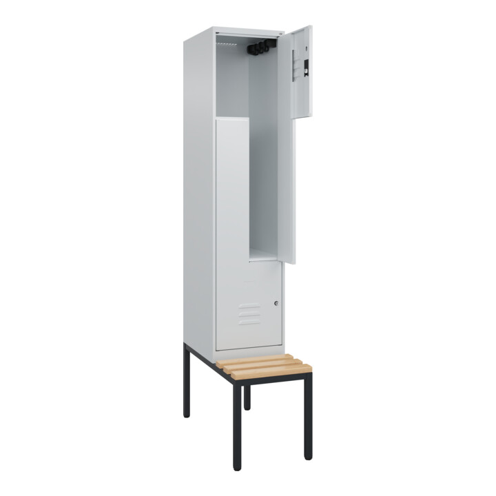 C+P Z-Spind Classic PLUS, Bank, 2 Fächer, 2120x400x815mm, 7035/7035 Verschluss Zylinderschloss Sitzbanktyp untergebaut Material Sitzfläche Buche-Hartholz