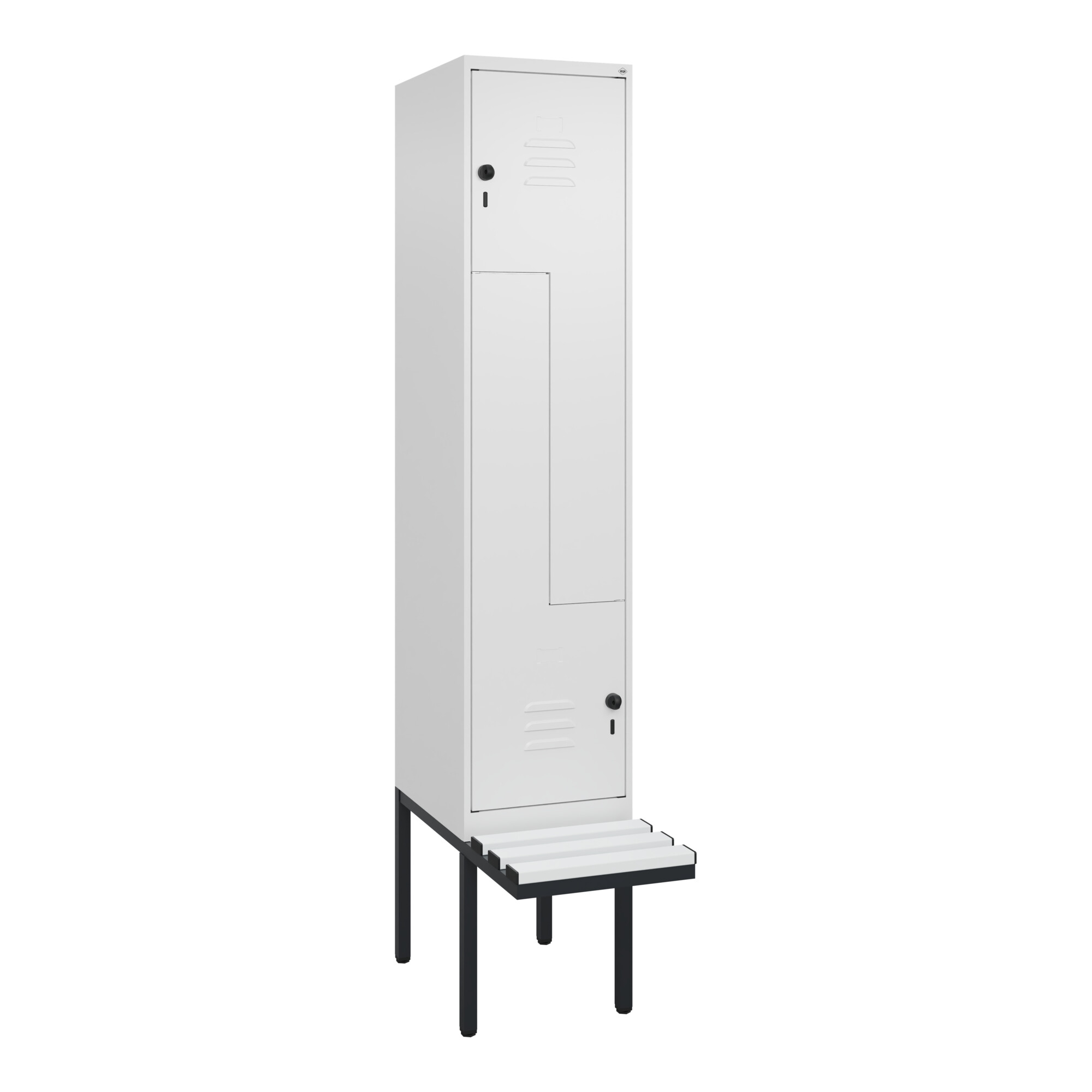 C+P Z-Spind Classic PLUS, Bank, 2 Fächer, 2120x400x815mm, 9016/9016 Verschluss Sicherheits-Drehriegel Sitzbanktyp auskragend Material Sitzfläche Kunst