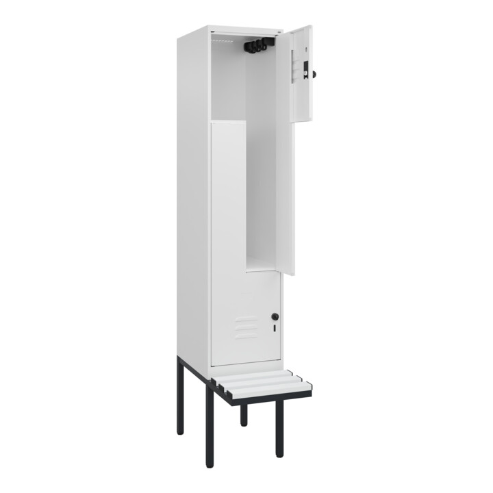C+P Z-Spind Classic PLUS, Bank, 2 Fächer, 2120x400x815mm, 9016/9016 Verschluss Sicherheits-Drehriegel Sitzbanktyp auskragend Material Sitzfläche Kunststoff