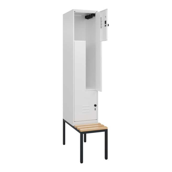 C+P Z-Spind Classic PLUS, Bank, 2 Fächer, 2120x400x815mm, 9016/9016 Verschluss Sicherheits-Drehriegel Sitzbanktyp untergebaut Material Sitzfläche Buche-Hartholz