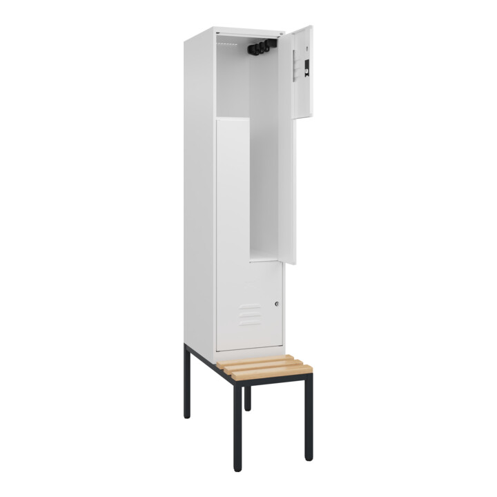 C+P Z-Spind Classic PLUS, Bank, 2 Fächer, 2120x400x815mm, 9016/9016 Verschluss Zylinderschloss Sitzbanktyp untergebaut Material Sitzfläche Buche-Hartholz