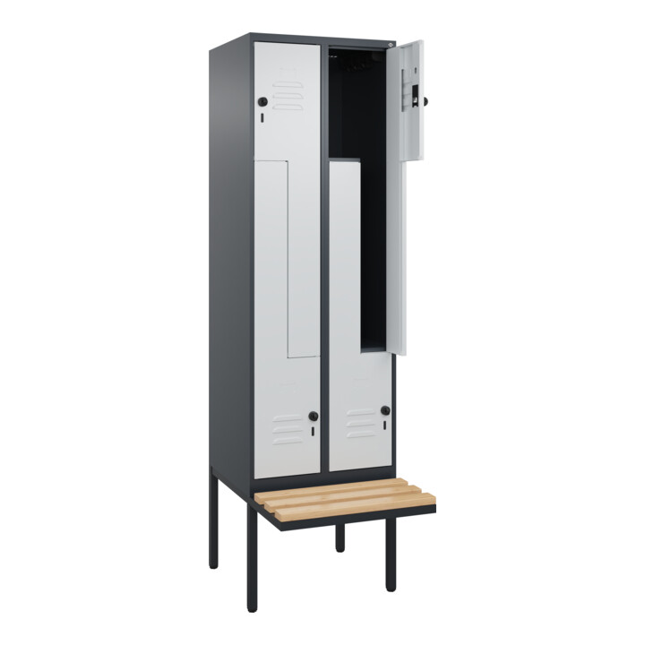 C+P Z-Spind Classic PLUS, Bank, 4 Fächer, 2120x600x815mm, 7016/7035 Verschluss Sicherheits-Drehriegel Sitzbanktyp auskragend Material Sitzfläche Buche-Hartholz