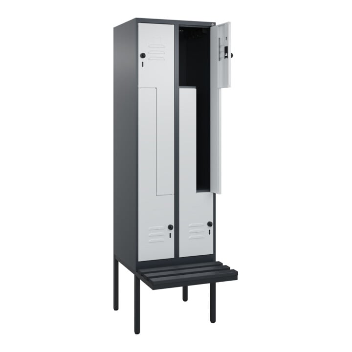 C+P Z-Spind Classic PLUS, Bank, 4 Fächer, 2120x600x815mm, 7016/7035 Verschluss Sicherheits-Drehriegel Sitzbanktyp auskragend Material Sitzfläche Kunststoff