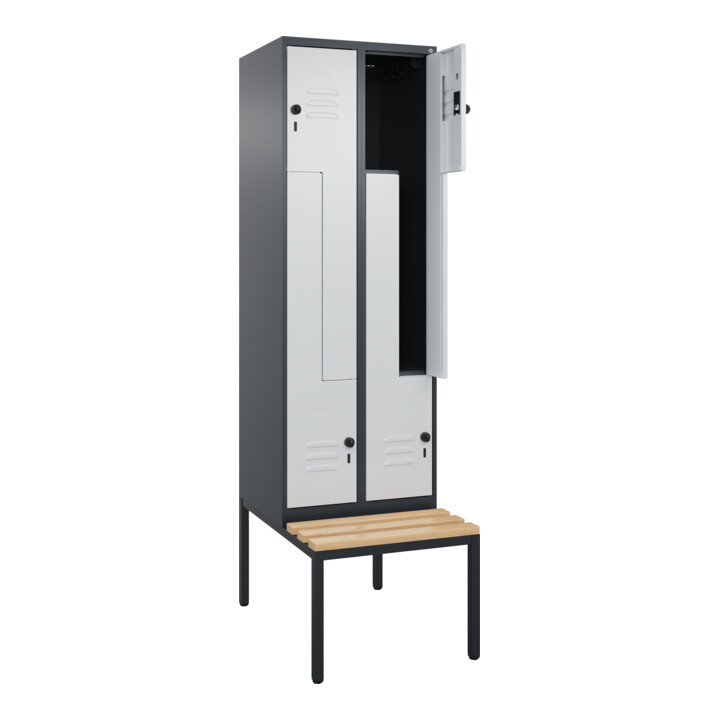 C+P Z-Spind Classic PLUS, Bank, 4 Fächer, 2120x600x815mm, 7016/7035 Verschluss Sicherheits-Drehriegel Sitzbanktyp untergebaut Material Sitzfläche Buche-Hartholz