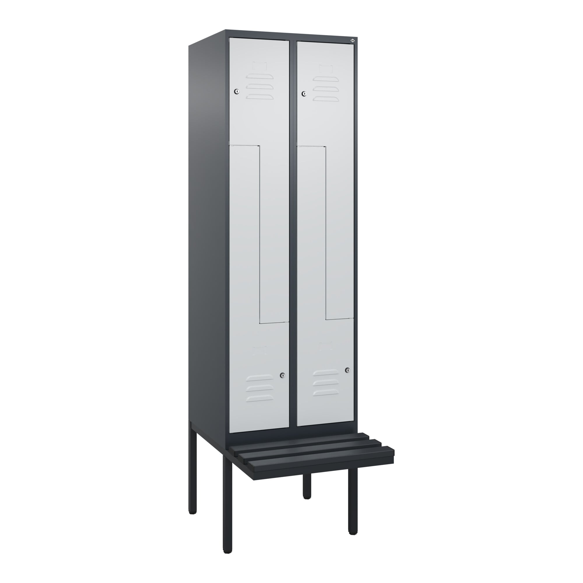 C+P Z-Spind Classic PLUS, Bank, 4 Fächer, 2120x600x815mm, 7016/7035 Verschluss Zylinderschloss Sitzbanktyp auskragend Material Sitzfläche Kunststoff ;