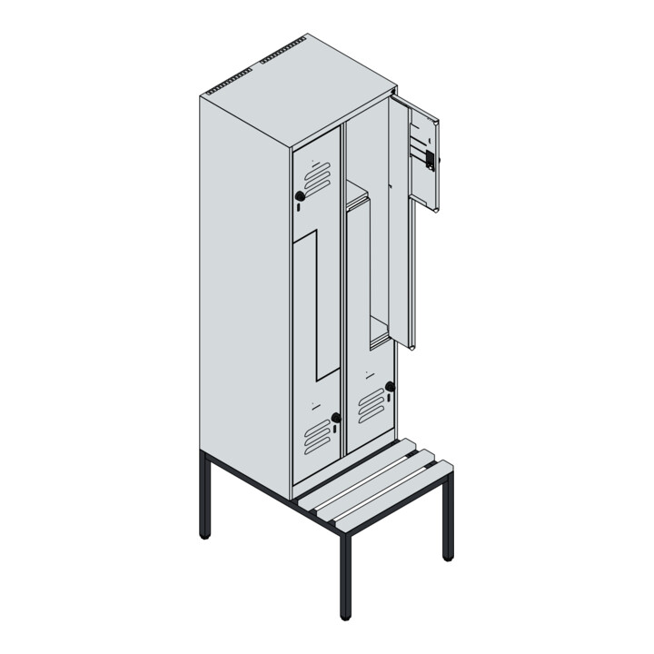 C+P Z-Spind Classic PLUS, Bank, 4 Fächer, 2120x600x815mm, 7035/0024 Verschluss Sicherheits-Drehriegel Sitzbanktyp untergebaut Material Sitzfläche Buche-Hartholz