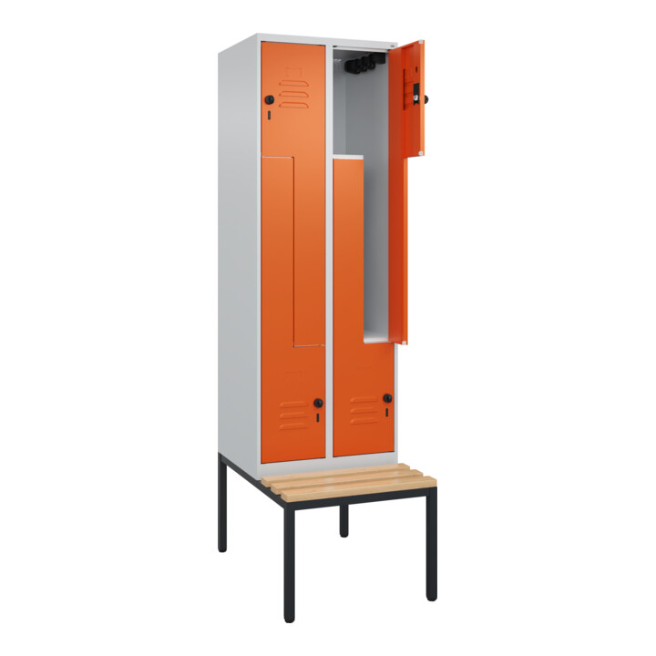 C+P Z-Spind Classic PLUS, Bank, 4 Fächer, 2120x600x815mm, 7035/2004 Verschluss Sicherheits-Drehriegel Sitzbanktyp untergebaut Material Sitzfläche Buche-Hartholz