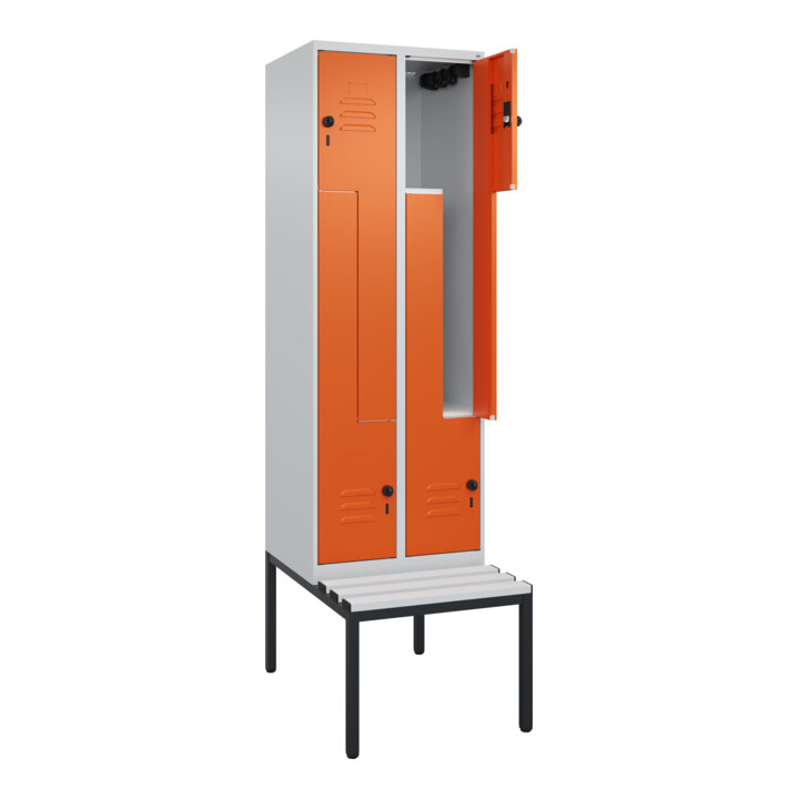 C+P Z-Spind Classic PLUS, Bank, 4 Fächer, 2120x600x815mm, 7035/2004 Verschluss Sicherheits-Drehriegel Sitzbanktyp untergebaut Material Sitzfläche Kunststoff
