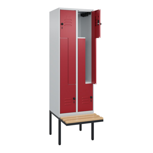 C+P Z-Spind Classic PLUS, Bank, 4 Fächer, 2120x600x815mm, 7035/3003 Verschluss Sicherheits-Drehriegel Sitzbanktyp auskragend Material Sitzfläche Buche-Hartholz