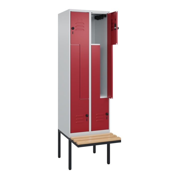 C+P Z-Spind Classic PLUS, Bank, 4 Fächer, 2120x600x815mm, 7035/3003 Verschluss Sicherheits-Drehriegel Sitzbanktyp auskragend Material Sitzfläche Buche-Hartholz
