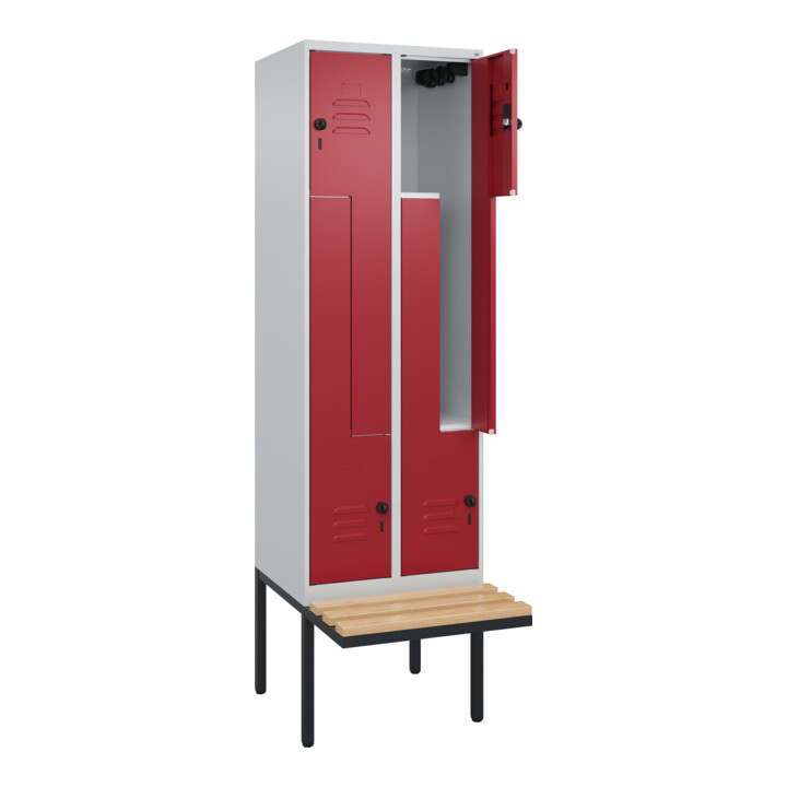 C+P Z-Spind Classic PLUS, Bank, 4 Fächer, 2120x600x815mm, 7035/3003 Verschluss Sicherheits-Drehriegel Sitzbanktyp auskragend Material Sitzfläche Buche-Hartholz
