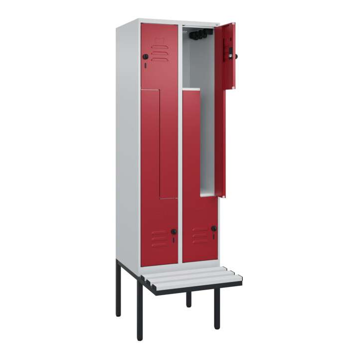 C+P Z-Spind Classic PLUS, Bank, 4 Fächer, 2120x600x815mm, 7035/3003 Verschluss Sicherheits-Drehriegel Sitzbanktyp auskragend Material Sitzfläche Kunststoff