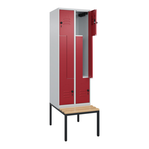 C+P Z-Spind Classic PLUS, Bank, 4 Fächer, 2120x600x815mm, 7035/3003 Verschluss Sicherheits-Drehriegel Sitzbanktyp untergebaut Material Sitzfläche Buche-Hartholz