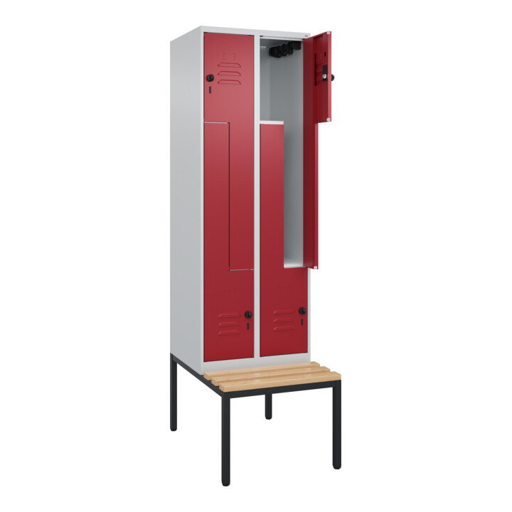 C+P Z-Spind Classic PLUS, Bank, 4 Fächer, 2120x600x815mm, 7035/3003 Verschluss Sicherheits-Drehriegel Sitzbanktyp untergebaut Material Sitzfläche Buche-Hartholz