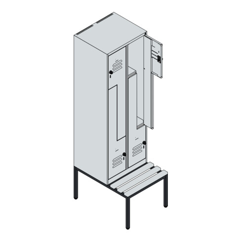 C+P Z-Spind Classic PLUS, Bank, 4 Fächer, 2120x600x815mm, 7035/3003 Verschluss Zylinderschloss Sitzbanktyp untergebaut Material Sitzfläche Kunststoff