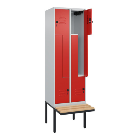 C+P Z-Spind Classic PLUS, Bank, 4 Fächer, 2120x600x815mm, 7035/3020 Verschluss Sicherheits-Drehriegel Sitzbanktyp auskragend Material Sitzfläche Buche-Hartholz