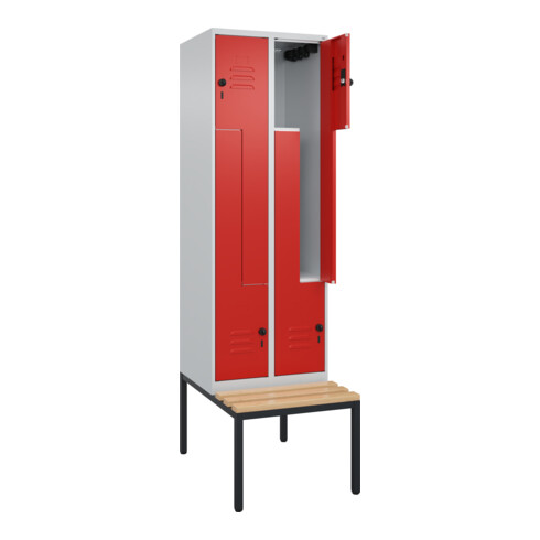 C+P Z-Spind Classic PLUS, Bank, 4 Fächer, 2120x600x815mm, 7035/3020 Verschluss Sicherheits-Drehriegel Sitzbanktyp untergebaut Material Sitzfläche Buche-Hartholz
