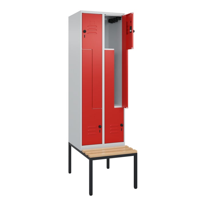 C+P Z-Spind Classic PLUS, Bank, 4 Fächer, 2120x600x815mm, 7035/3020 Verschluss Sicherheits-Drehriegel Sitzbanktyp untergebaut Material Sitzfläche Buche-Hartholz