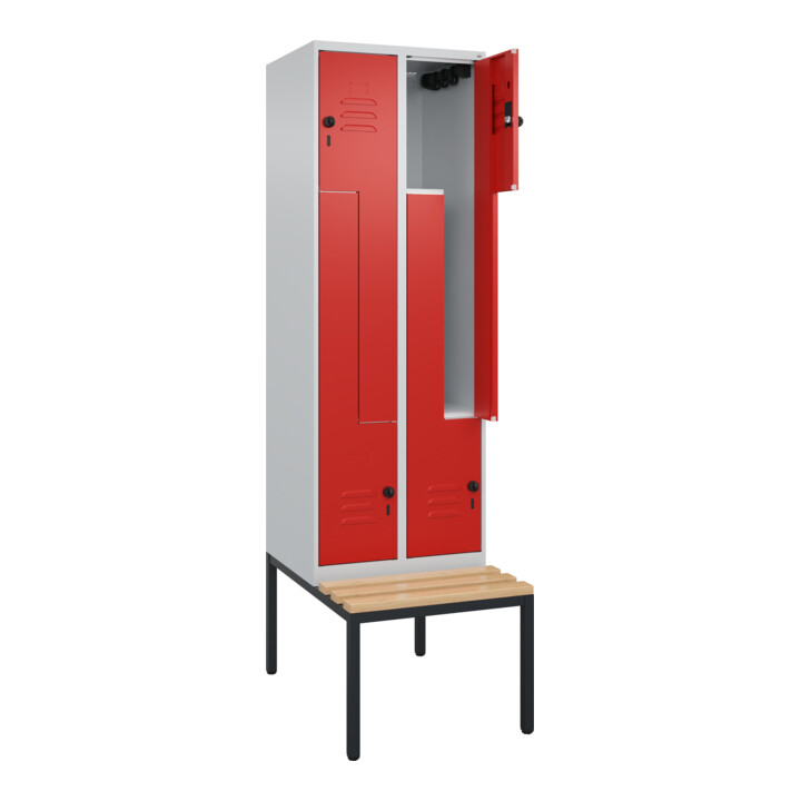 C+P Z-Spind Classic PLUS, Bank, 4 Fächer, 2120x600x815mm, 7035/3020 Verschluss Sicherheits-Drehriegel Sitzbanktyp untergebaut Material Sitzfläche Buche-Hartholz