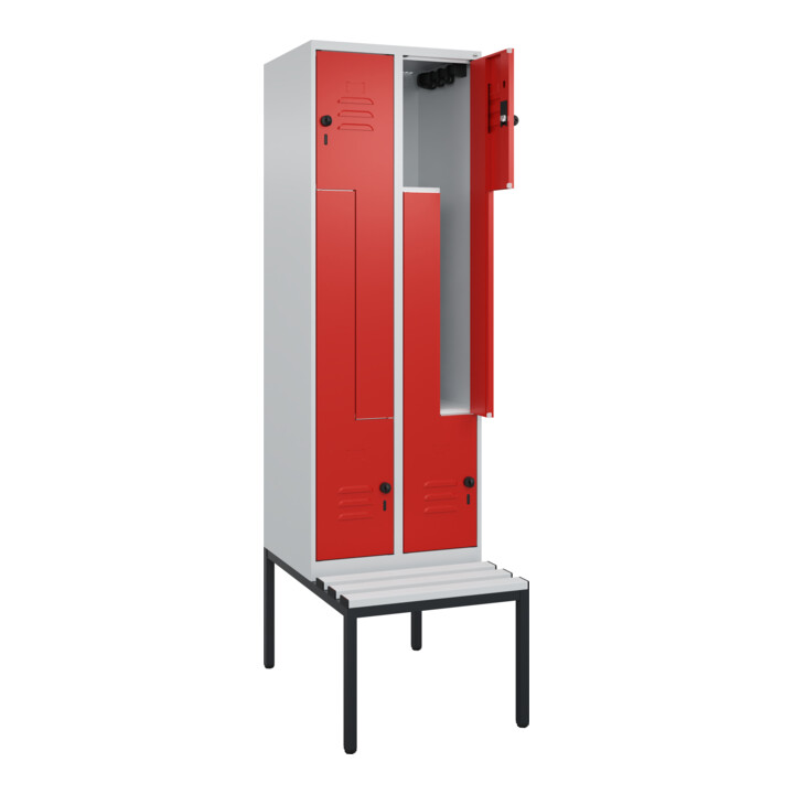 C+P Z-Spind Classic PLUS, Bank, 4 Fächer, 2120x600x815mm, 7035/3020 Verschluss Sicherheits-Drehriegel Sitzbanktyp untergebaut Material Sitzfläche Kunststoff