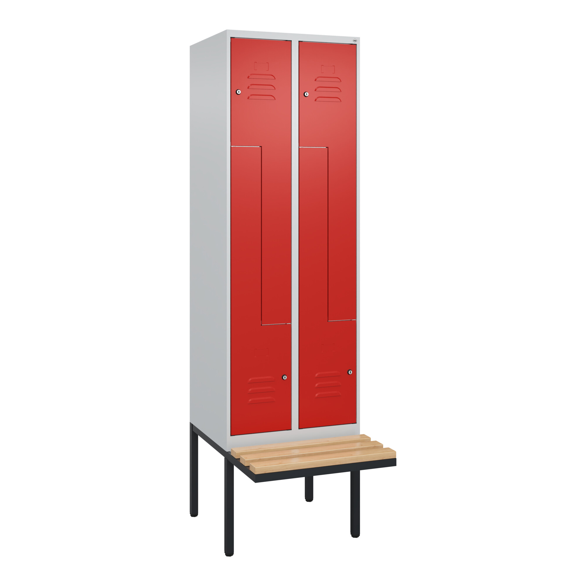 C+P Z-Spind Classic PLUS, Bank, 4 Fächer, 2120x600x815mm, 7035/3020 Verschluss Zylinderschloss Sitzbanktyp auskragend Material Sitzfläche Buche-Hartho