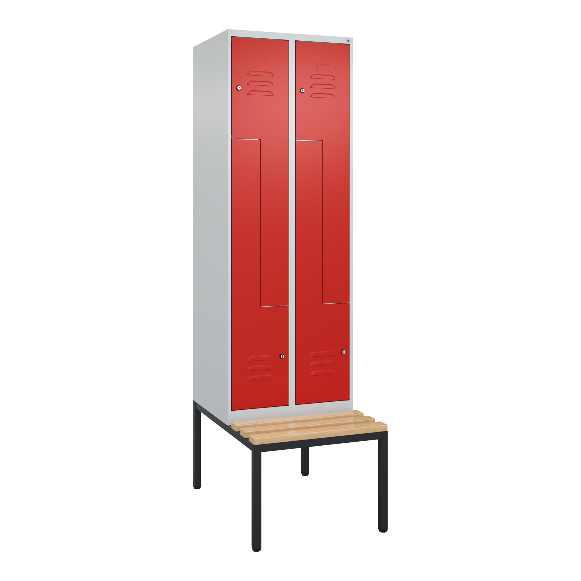 C+P Z-Spind Classic PLUS, Bank, 4 Fächer, 2120x600x815mm, 7035/3020 Verschluss Zylinderschloss Sitzbanktyp untergebaut Material Sitzfläche Buche-Harth