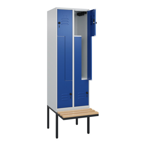 C+P Z-Spind Classic PLUS, Bank, 4 Fächer, 2120x600x815mm, 7035/5010 Verschluss Sicherheits-Drehriegel Sitzbanktyp auskragend Material Sitzfläche Buche-Hartholz